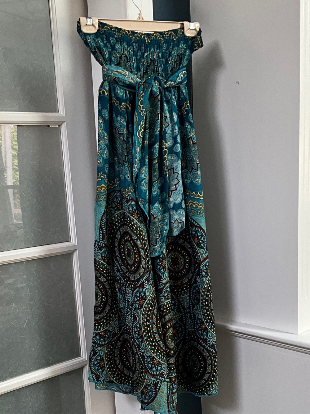 Smocked  Teal Printed Maxi skirt with Tie Waist